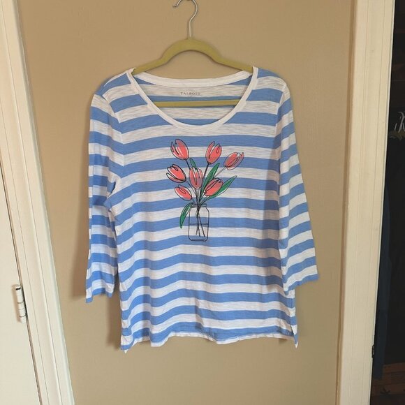 Talbots Tulips Stripe Light Blue White Novelty Floral Shirt 3/4 Sleeve size XL - Picture 2 of 5